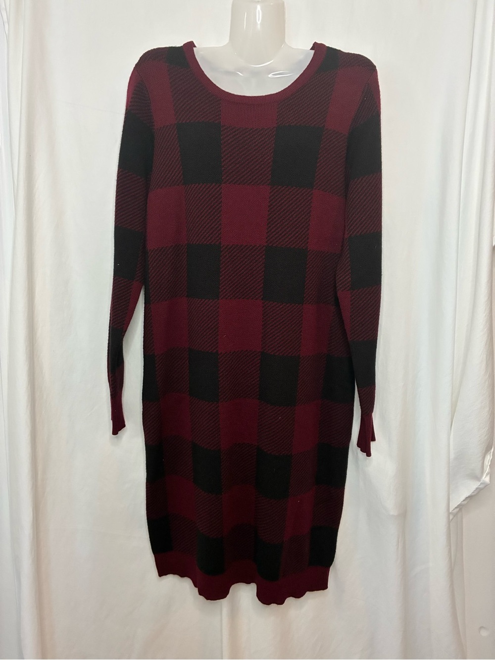 AGB Burgundy and Black Plaid Long-Sleeve Sweater Dress